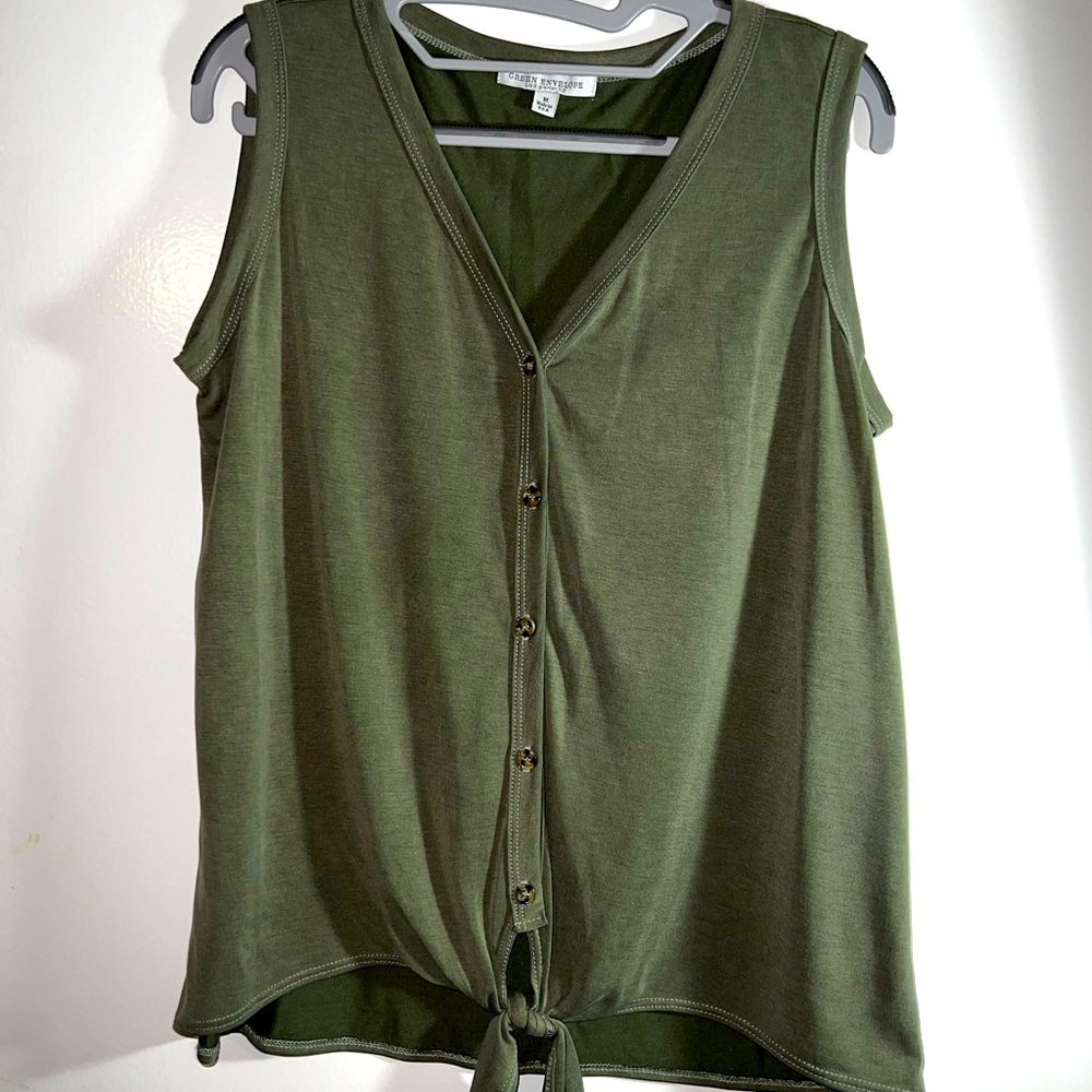 Sleeveless, button up, front top blouse. Olive green, soft modal fabric. Size M